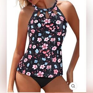 Yonique Long Torso Friendly High Waisted Tankini Black And Pink Floral Size Sm